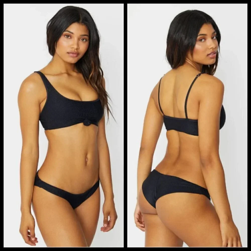 💕FRANKIE'S BIKINIS💕 Greer Ribbed Cheeky Bikini Bottom Black XL NWT